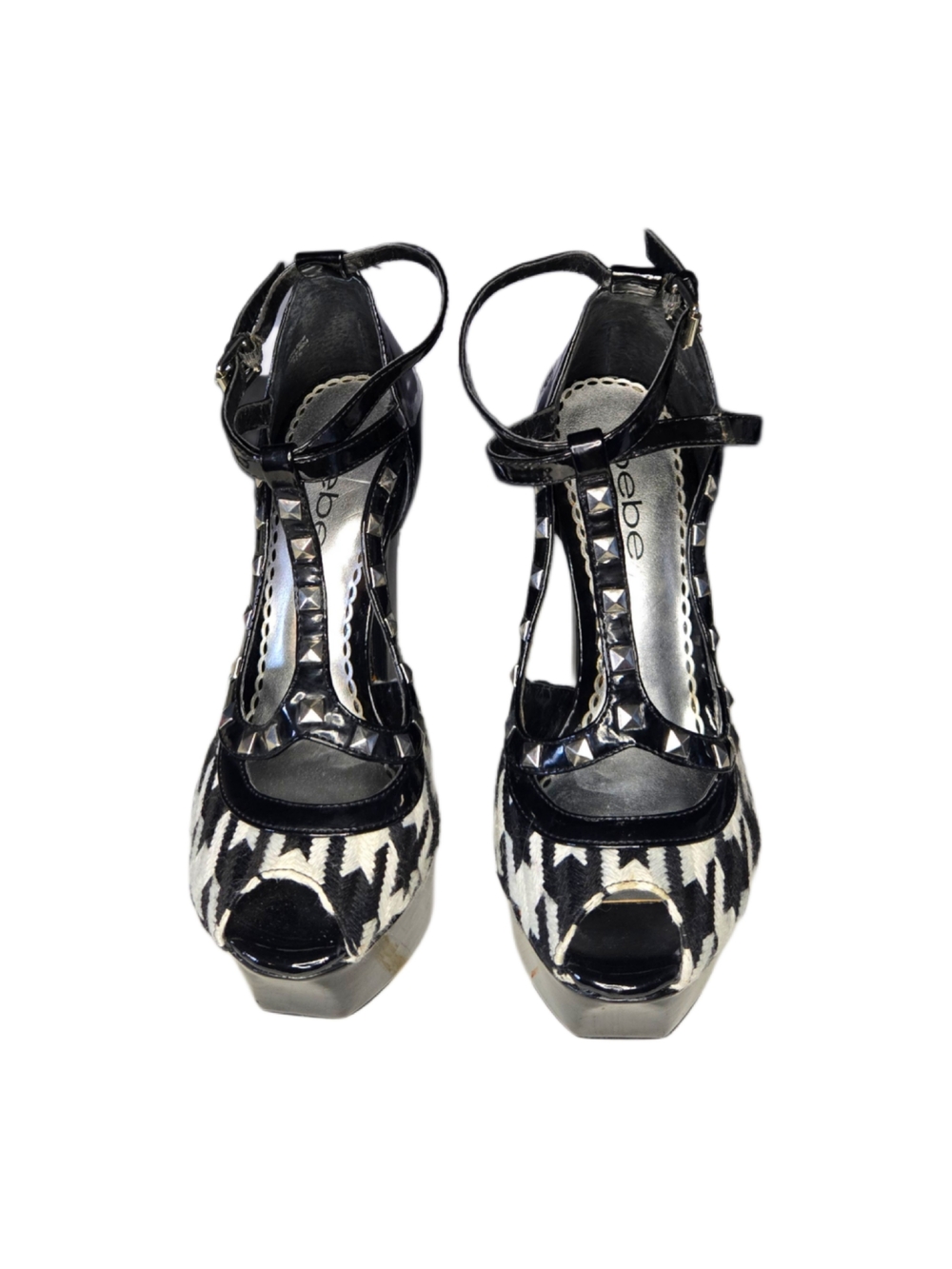 Y2k bebe Black & White Houndstooth Platform T-Strap Heels!